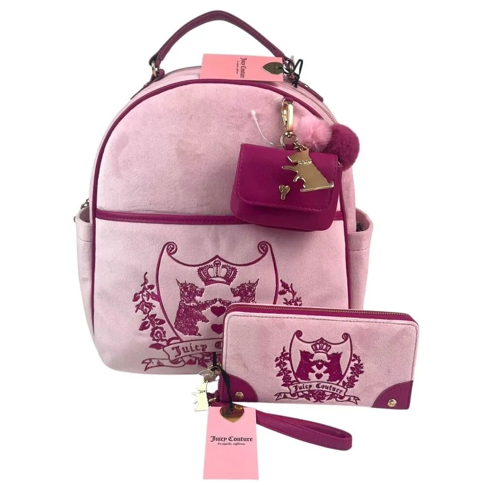 Juicy Couture New Love Chapter Backpack Wristlet Wallet Scottie Dog Charm Velvet